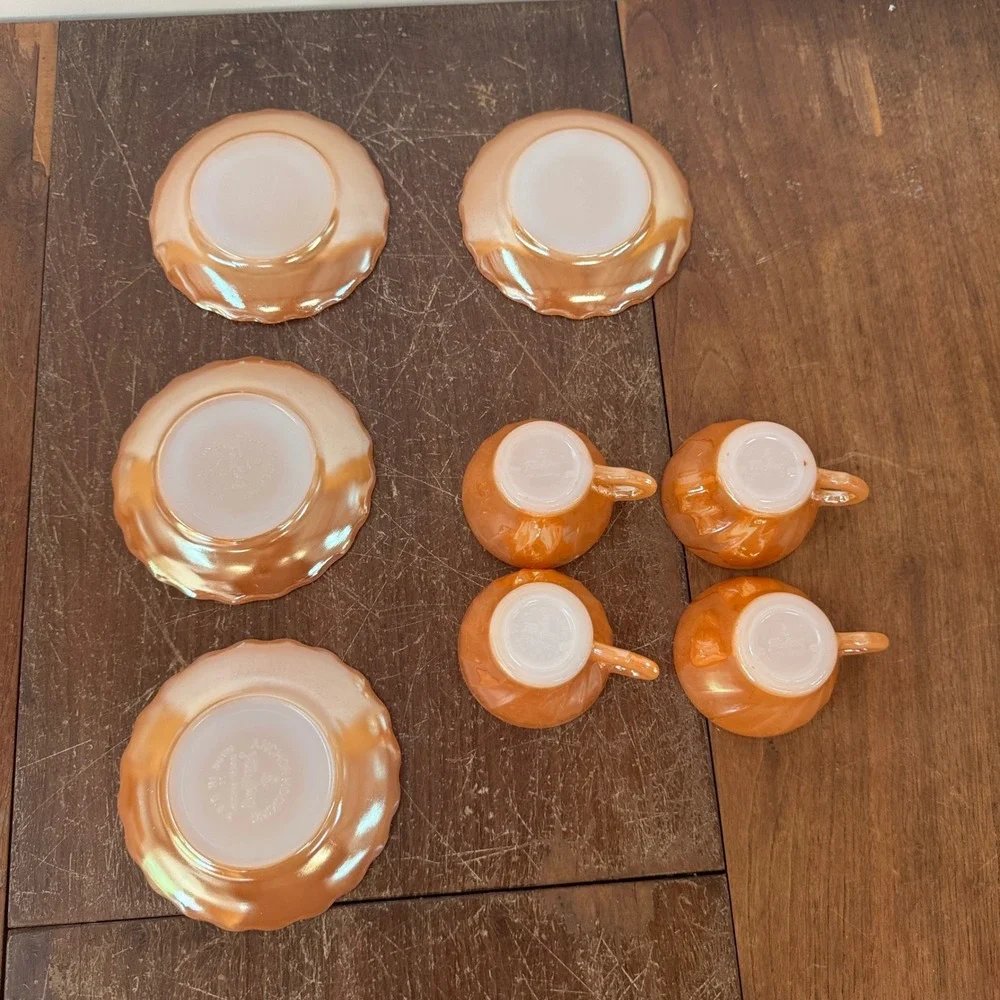 Anchor Hocking‎ Fire Ring Orange Peach Lusterware Carnival Glass Cup Saucer Set